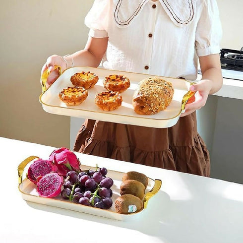3 Pack Serving Tray, Fruit Dinner Food Tray Rectangle With Golden Handles