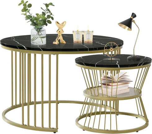 Round Coffee Tables, Removable Set of 2 End Table, Nesting Tables with Gold Metal Frame Legs and Marble Pattern Top