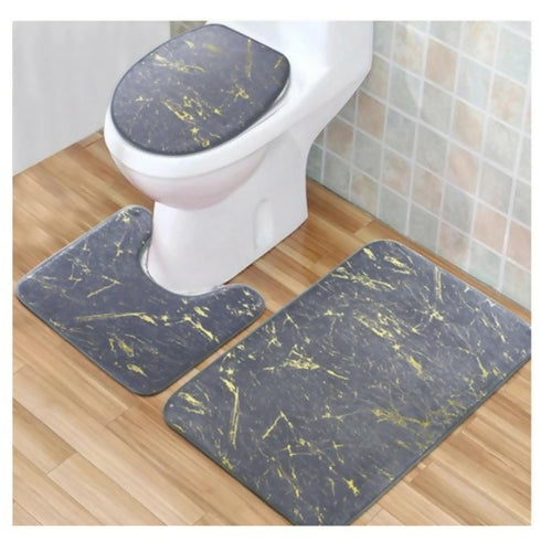 Gold pattern Marble 3 Piece Bathroom Mat set
