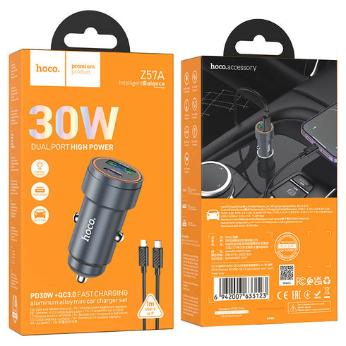 Dual Port High Power aluminum alloy mini car Charger Set 30W - Z57A