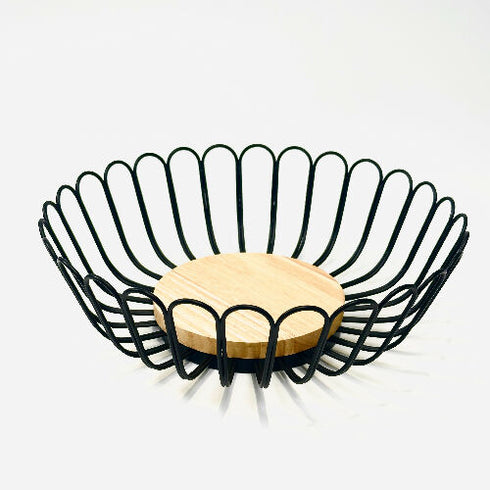 Fruit Bowl Basket Round Shape Metal Black Wire Storage Basket With Wooden Base for Fruit Vegetable