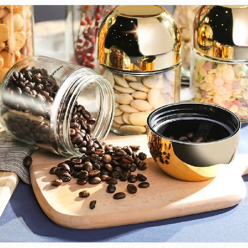 3 Pack Round Glass Kitchen Food Grade Gold Plated Airtight Sealed Glass Storage Jar