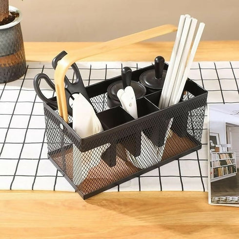 Cutlery Organizer Basket with Bamboo Handle - black