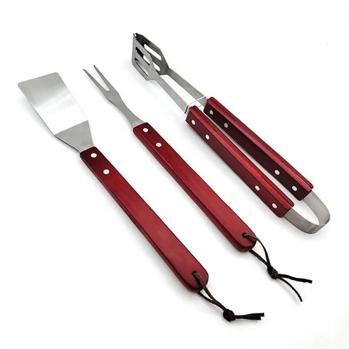3PC Outdoor BBQ Braai Utensils with Wooden Handle