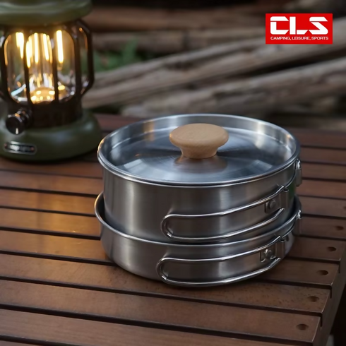 2Pcs Camping picnic Pan Pot Stainless Steel Cookware Set