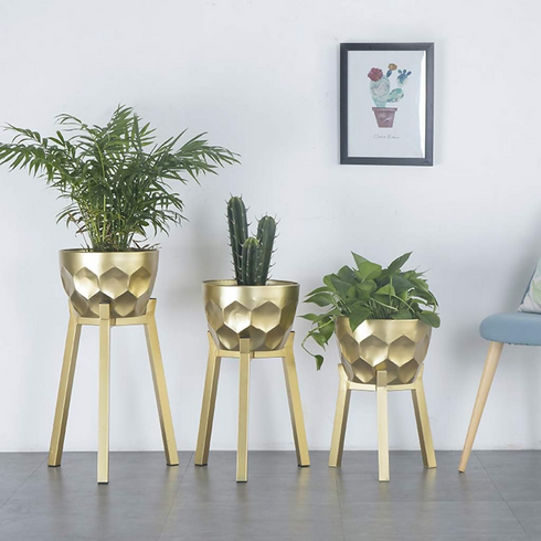 3 flower pots with metal stand-GOLD