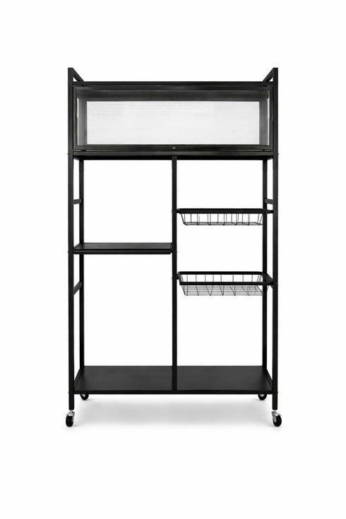 Kitchen Storage Rack with Sliding Door - Black Metal, on Wheels
