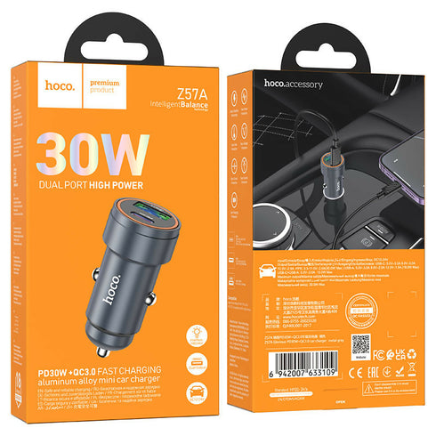 Dual Port High Power aluminum alloy mini car Charger 30W - Z57A