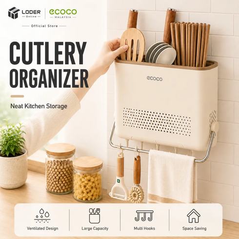 ECOCO Cutlery Organizer Wall Mounted Chopstick Spoon Fork Holder Drain Tray Quick Dry Kitchen Rack