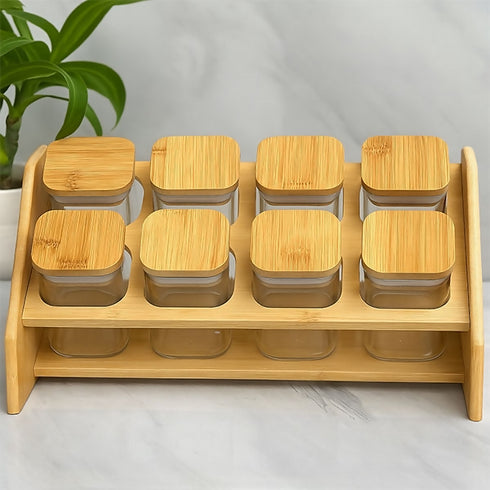8-jar glass spice set with wooden lids