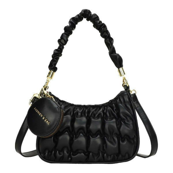 Women's Shoulder PU Leather Top Handle Bag with Mini Coin Bag - Black