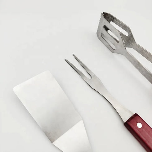 3PC Outdoor BBQ Braai Utensils with Wooden Handle