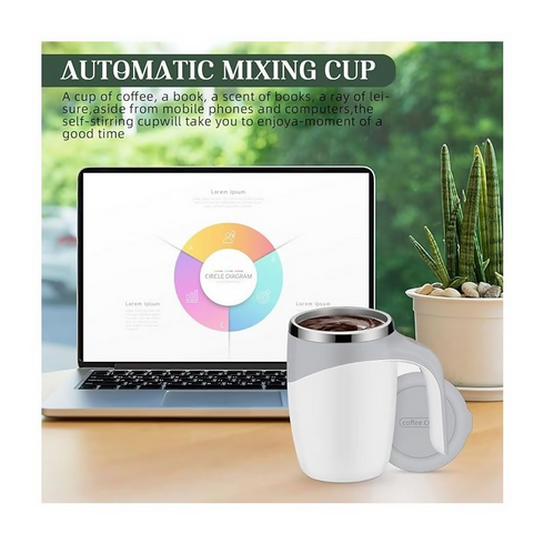 Stainless Steel Lazy Coffee Cup Automatic Magnetic Self Stirring Mug - White