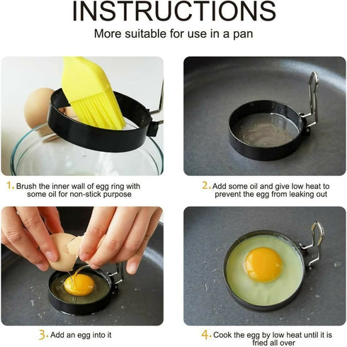 Non-Stick Stainless Steel Frying Egg Ring Pastry Mould with Brush- 4 Piece