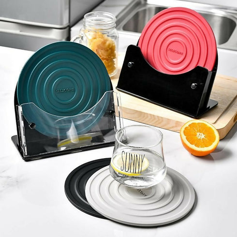 Hot Plat Coasters Silicone with Organizing Stand Set Of 4