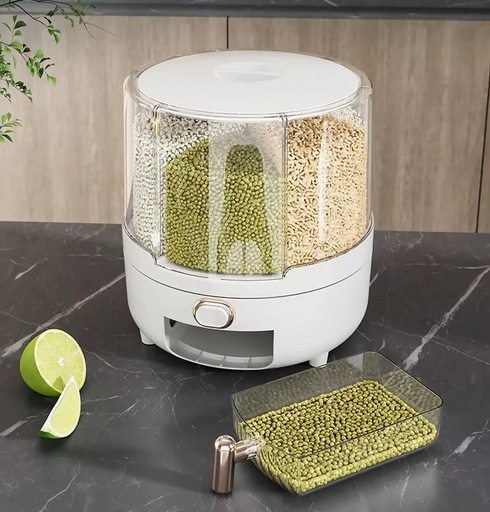 360 Rotation 6 Grid Rice Dispenser Moisture-Proof PP Kitchen Food Grain Coffee Storage Box Container