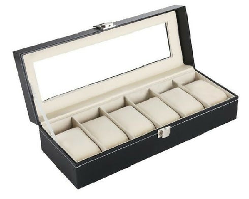 6 Slot PU Leather Watch Box Display Case Jewelry Organizer with Glass Top