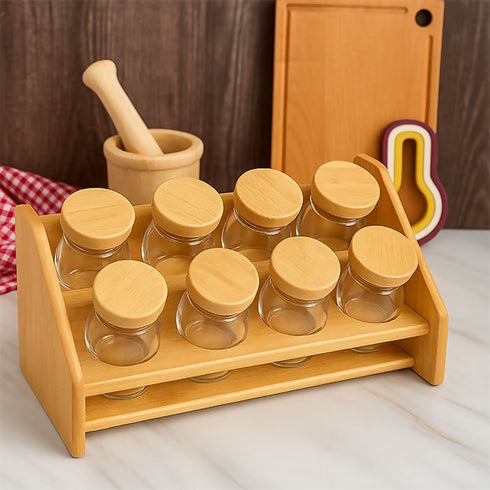 8-jar glass spice set with wooden lids