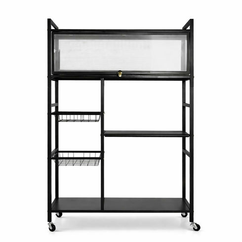 Kitchen Storage Rack with Sliding Door - Black Metal, on Wheels