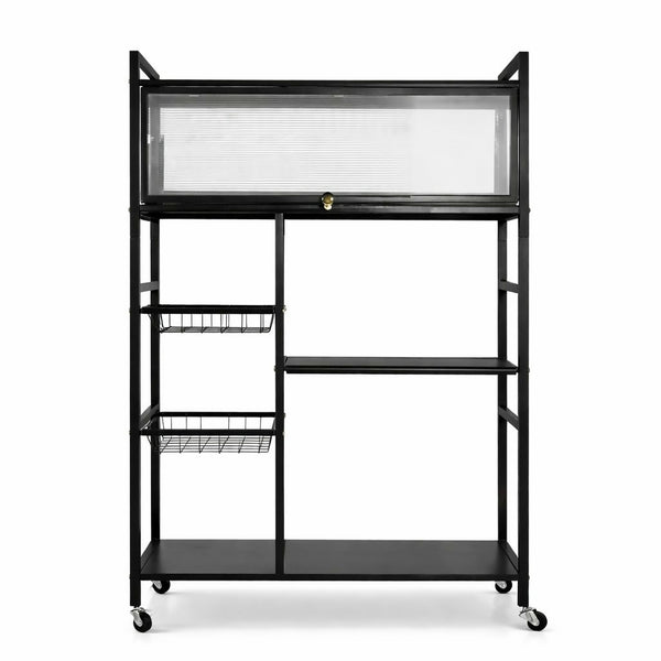 Kitchen Storage Rack with Sliding Door - Black Metal, on Wheels