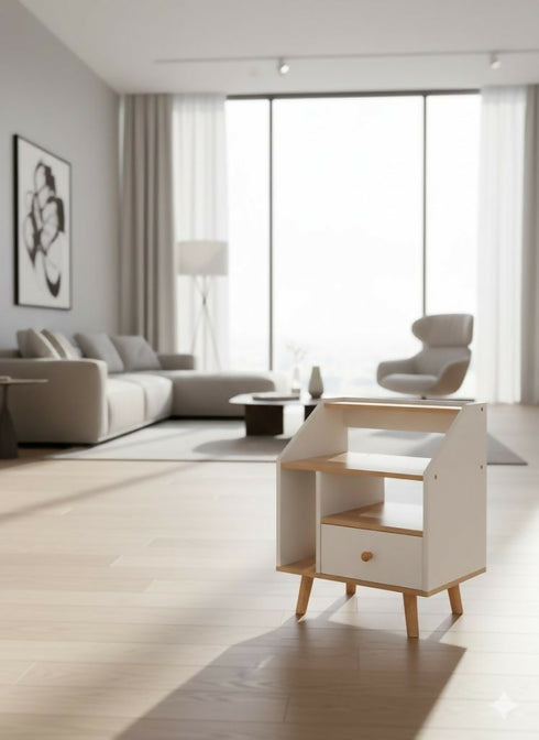 Counter Square Side Table With Drawer+Stroage-White Bedside Pedestal-7018