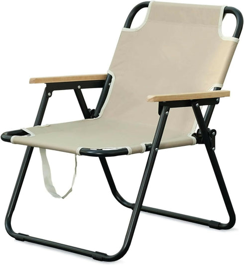Folding Camping Chair with Handle, Wooden Armrests