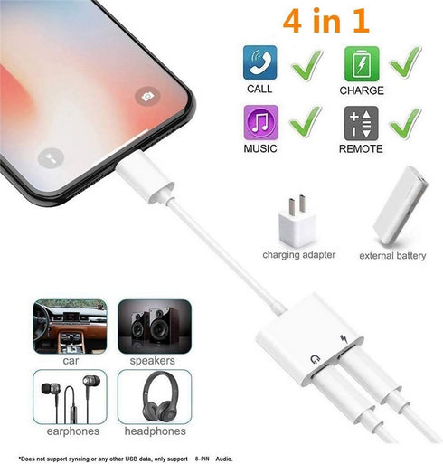 2 in 1 Dual Lightning Charger Cable Aux Audio Adapter Converter for iPhone