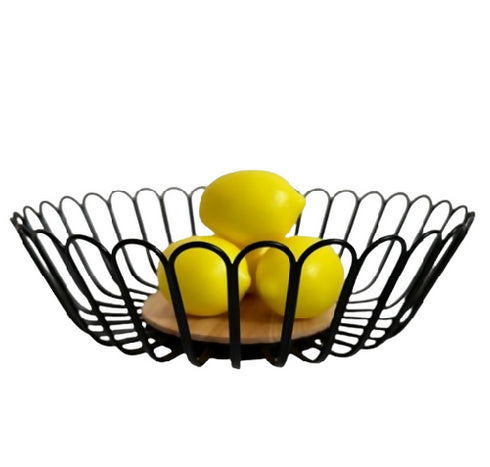 Fruit Bowl Basket Round Shape Metal Black Wire Storage Basket With Wooden Base for Fruit Vegetable