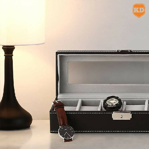 6 Slot PU Leather Watch Box Display Case Jewelry Organizer with Glass Top