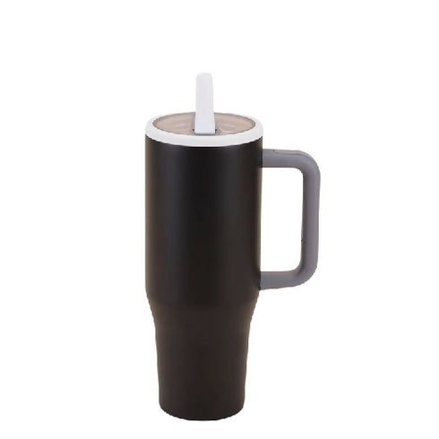 Double Wall Stainless Steel Mug with Handle and Straw-BLACK