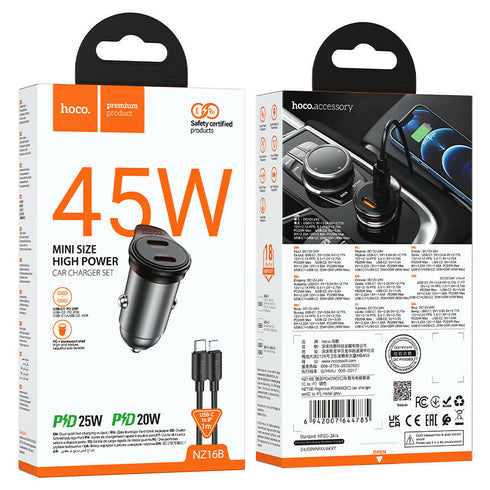 Hoco Mini Size High Power Car Charger Set 45W - NZ16B