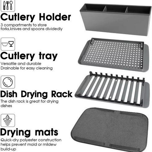 4-in-1 Dish Drying Rack Kitchen Folding Draining Dish Fork Storage Rack Drying Dish Sink Rack With Dish Mat