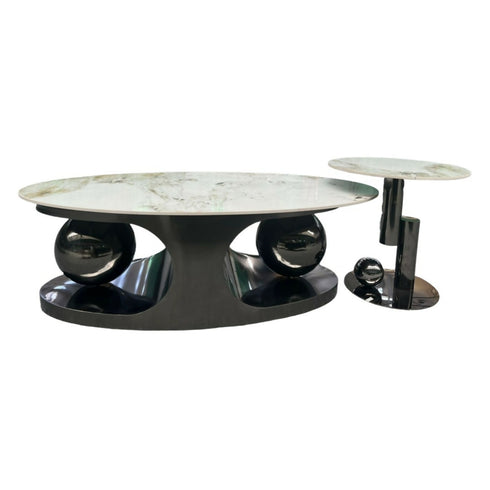 Oval Marble Top Coffee Table with 2 Ball Base Design And Side Table