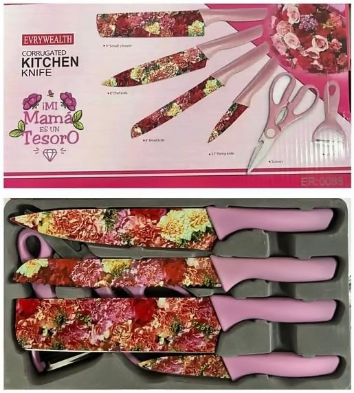 6pcs kitchen colorful flower pattern knife set - Pink