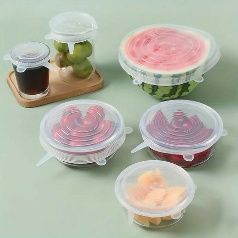 6-Piece Reusable Transparent Stretchable Silicone Lid Cover - Transparent