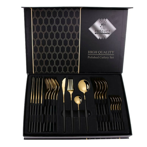 Deluxe Quality Black & Gold Stainless Steel Cutlery 24 Piece Set