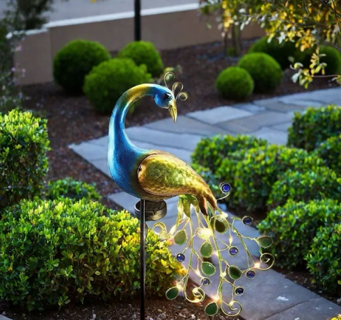 2 Pack-Solar Peacock Crafts Iron Art Grounded Courtyard Decorative Light.