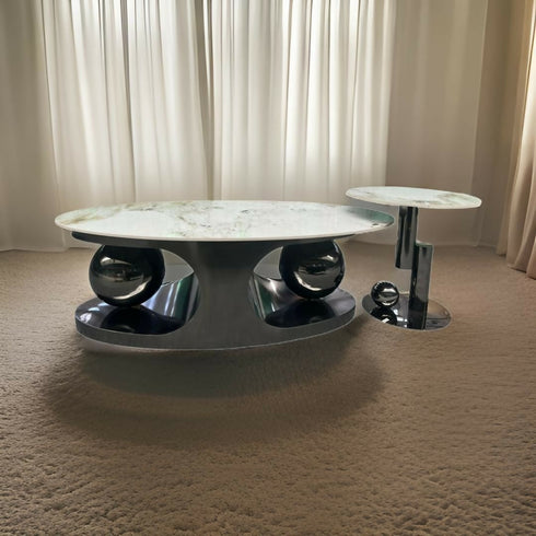 Oval Marble Top Coffee Table with 2 Ball Base Design And Side Table