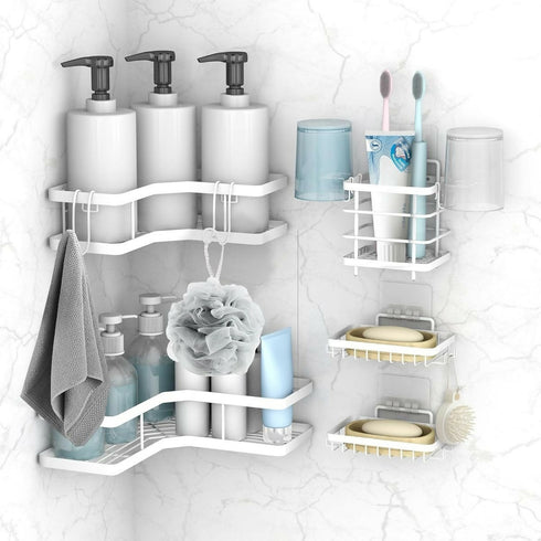 5 Piece Set Metal Triangle Corner Storage Rack For Bathroom Shower - White
