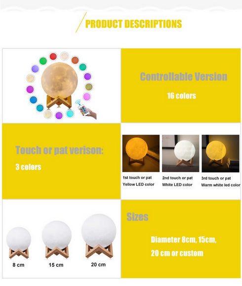 Rechargeable Touch Sensor Control LED 3D moon lamp