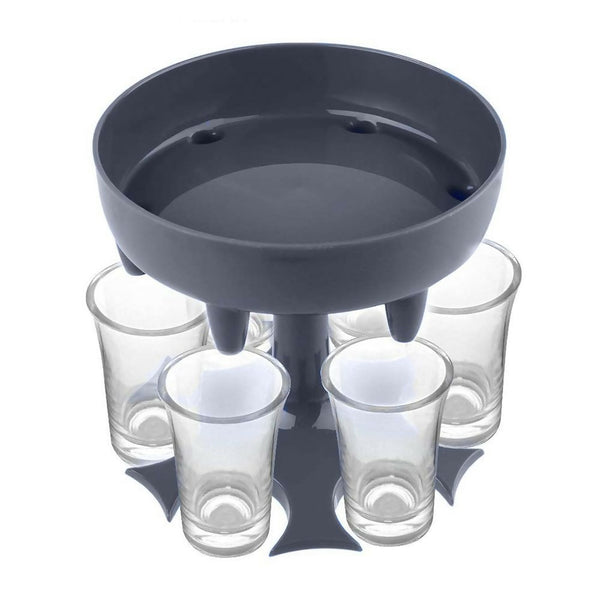 7 Piece Barware Wine Beverages Liquor Dispenser and 6 Shot Glass Holder - Grey