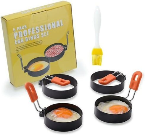 Foldable Handle 4 Pieces Coating Stainless Steel Round Fried Egg Ring with Oil Brush