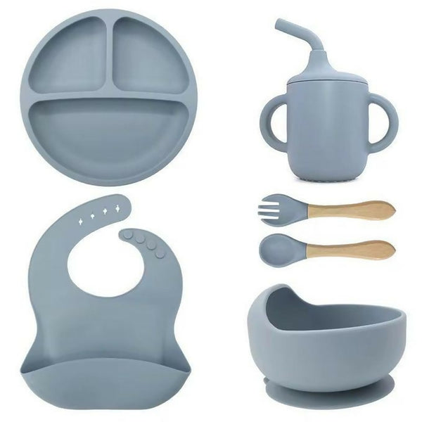 6 PCS Silicone Baby Plate Bowl Forks Set Blue