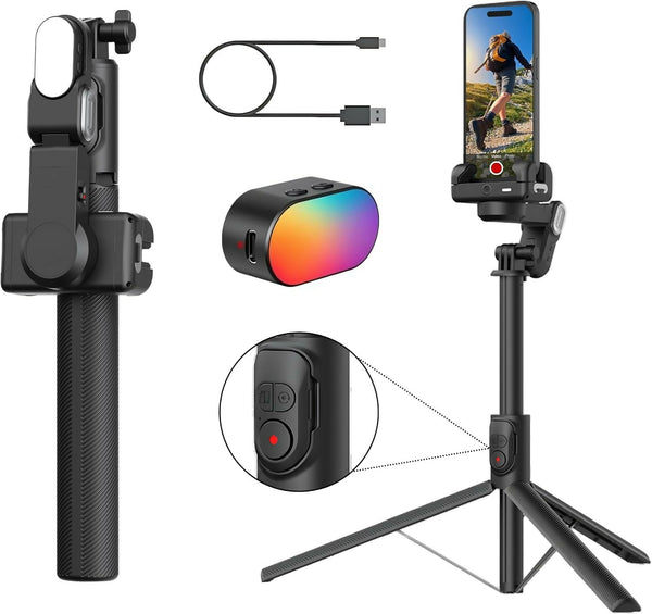 Gimbal for Smartphone, 4 in 1 Phone Gimbal with 360° Rotation for iPhone/Android Selfie Stick Tripod with Face Tracking and Wireless Remote Control for Vlogging M1 Pro Black