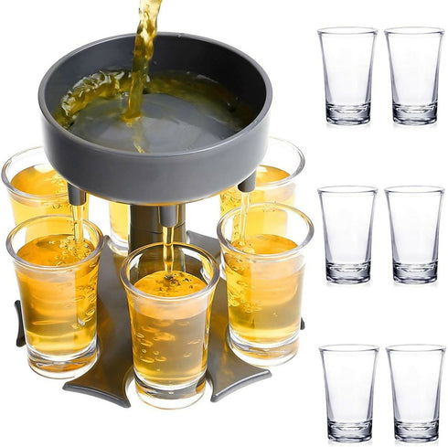 7 Piece Barware Wine Beverages Liquor Dispenser and 6 Shot Glass Holder - Grey