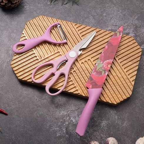 6pcs kitchen colorful flower pattern knife set - Pink