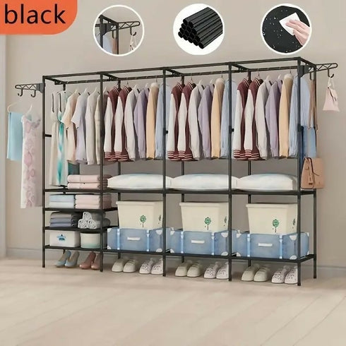 4-Tier -Standing Metal Coat Rack with 7 Storage Shelves and 3 Hanging Bars