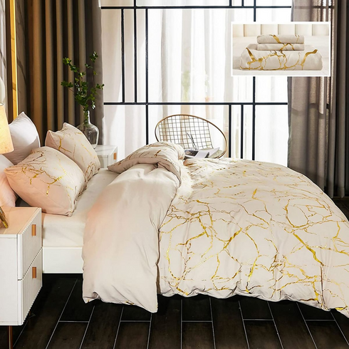 Gold Metallic Marble Comforter - Beige/Gold - King - 5-Piece