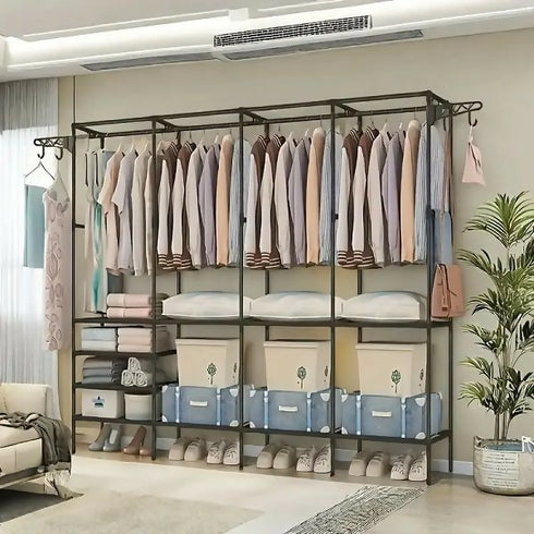 4-Tier -Standing Metal Coat Rack with 7 Storage Shelves and 3 Hanging Bars