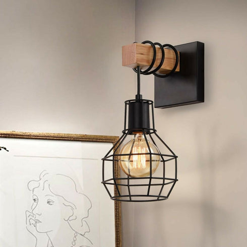 Vintage Cage Rectangular wood Wall Mount Light